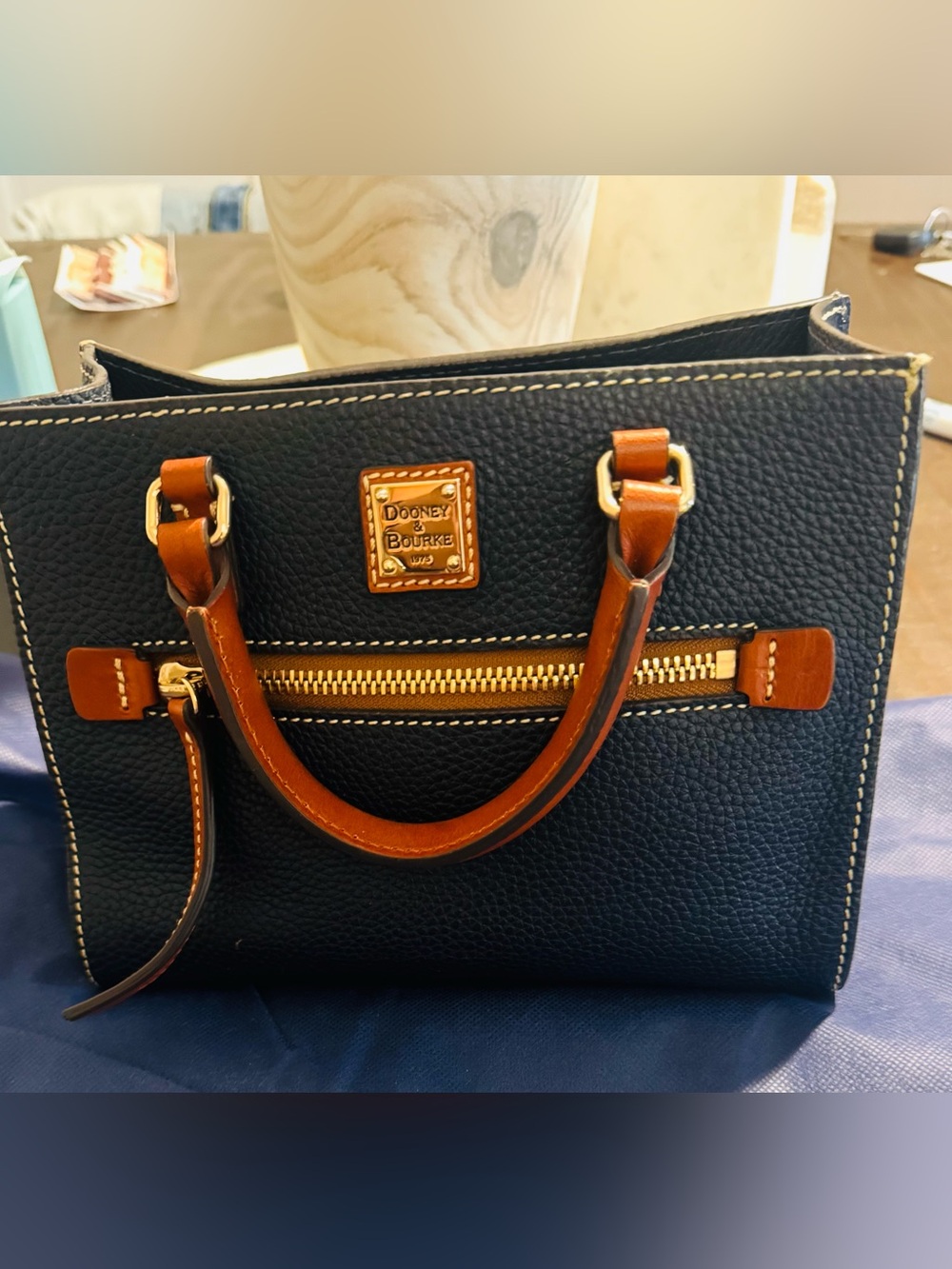 Dooney & Bourke Navy Pebble Grain Mini Zip Satchel with Tan Trim - Picture 2 of 4
